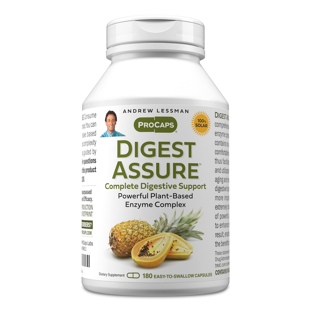 ANDREW LESSMAN Digest Assure 180 캡슐 - 강력한 천연 효소의 포괄적인 혼합 지원 및 향상된 소화 건강, 채식 소스 효소, 작은 쉽게 삼키기 캡슐