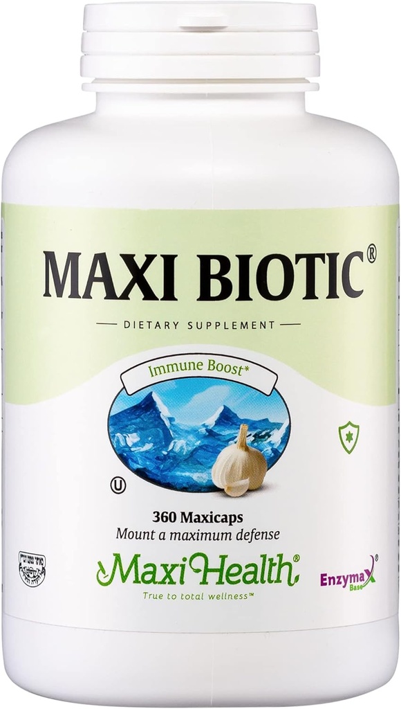 Maxi Health - Maxi Biotic Aged Garlic Extract Capsules (360 Count) | Spirulina, Echinacea, Oregano 및 Enzymax의 Kyolic Garlic 보충 - 자연 산화 방지제 - 웰빙 지원