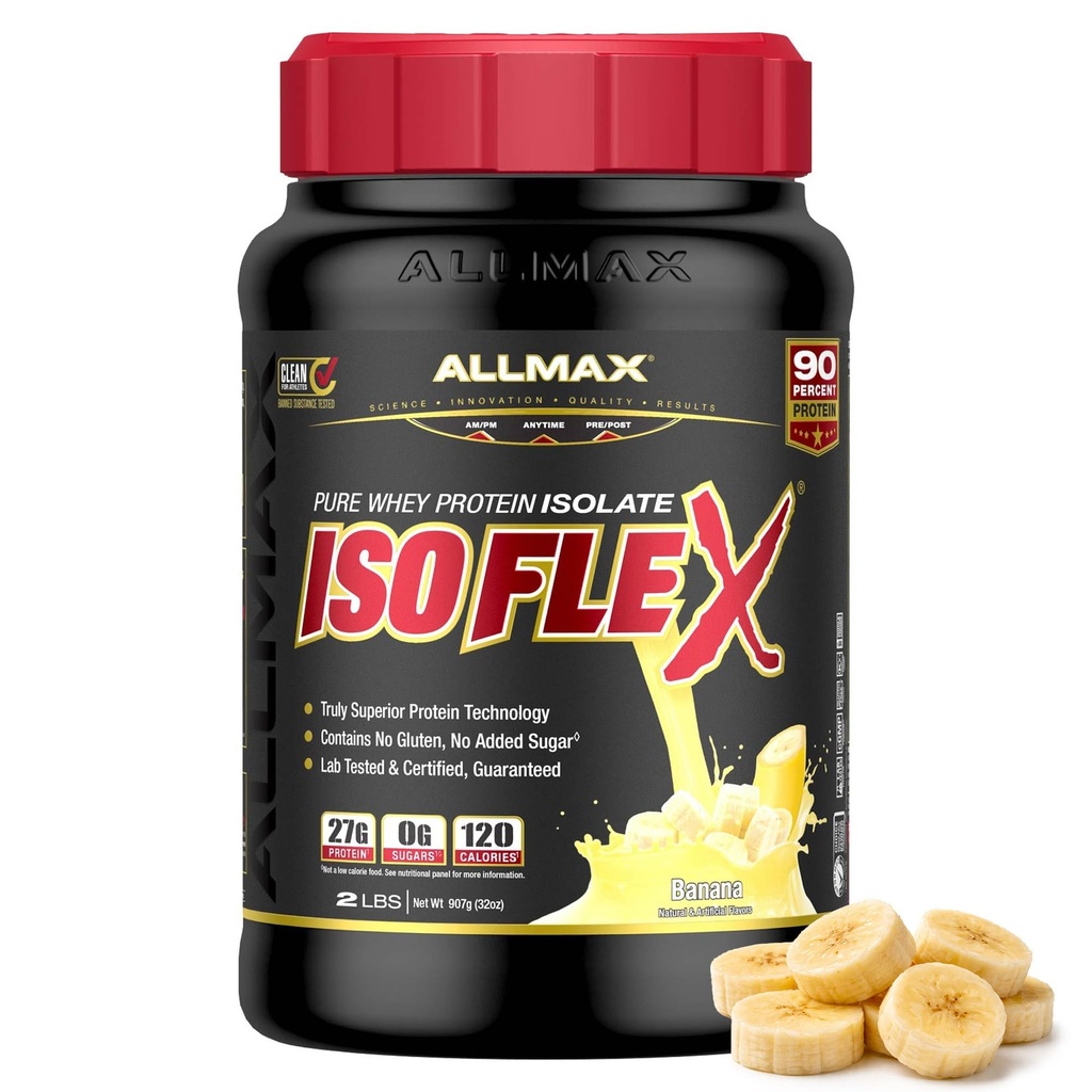 ALLMAX 영양 ISOFLEX Whey Protein Isolate, 바나나 - 2 lb - 2 lb - 27 lbs의 단백질 당 스쿠프 - Zero Fat & Sugar - 99% Lactose 무료 - 글루텐 무료 & Soy 무료 - 약 30 인분