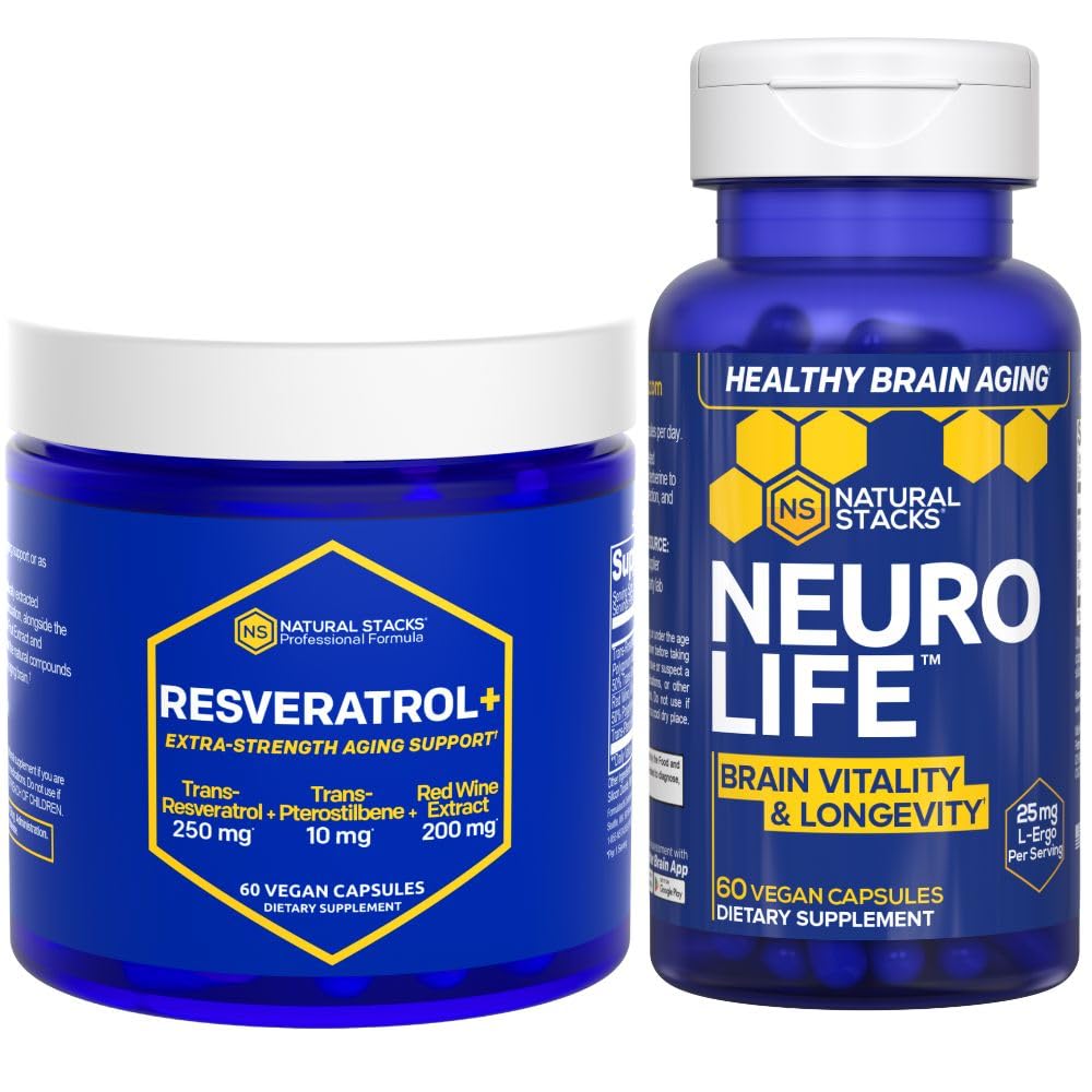 NATURAL STACKS NeuroLife & Resveratrol 보충 번들 - Longevity & Brain Aging* - 120 총 캡슐 지원