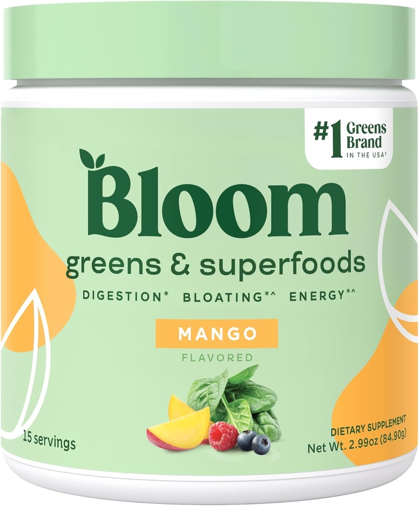 Bloom Nutrition Superfood Greens Powder, Digestive Enzymes w/Probiotics & Prebiotics, Gut Health, 여성용 부유물, Chlorella, 15 SVG (15 서빙), 망고