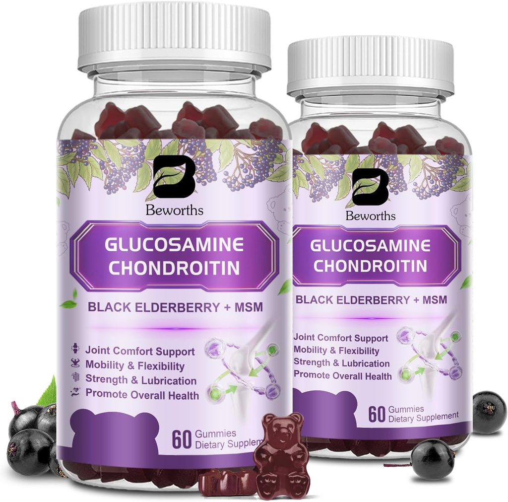 (2 팩) 글루코사민 Chondroitin Gummies, 추가 강도 합동 지원은 Mbility & Flexibility를 위한 MSM & Elderberry, 남자 & 여자를 위한 산화 방지제 지원, 120 Gummies를 보충합니다