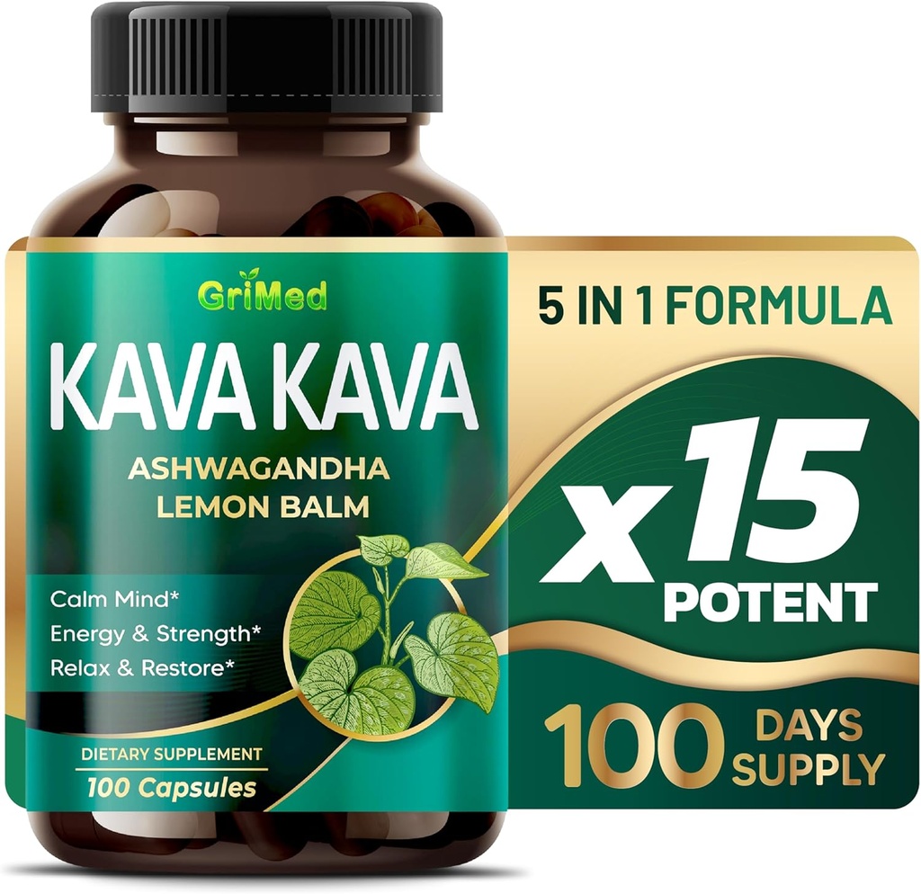 GriMed Kava Kava 19,700mg - Ashwagandha Lemon Balm - 힘, 휴식, 복원, Calm - 미국에서 만든 (100 개)