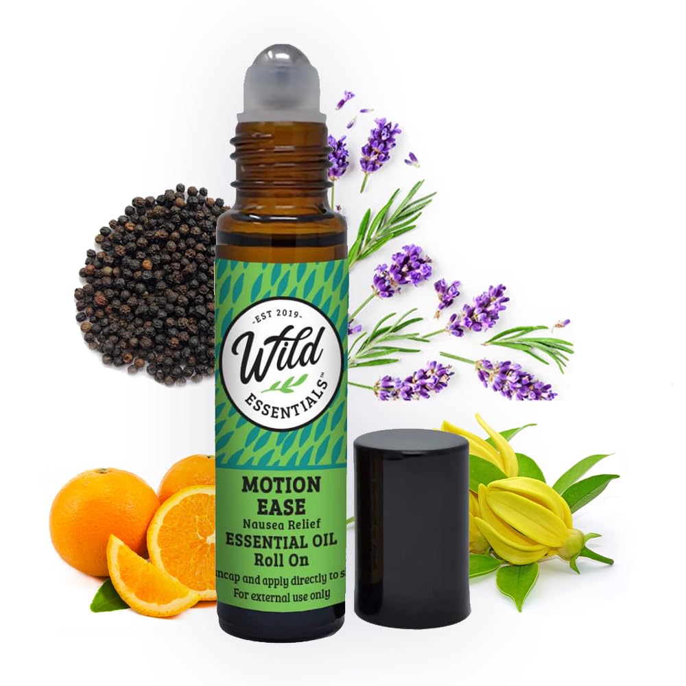 Wild Essentials Motion Ease Essential Oil Roll On, 10ml Motion Sickness, Nausea, Upset Stomach, Vertigo, Dizzy, Seasick, Carsick, Organic Jojoba Oil, 사용 준비, Moisturizer, 모든 자연
