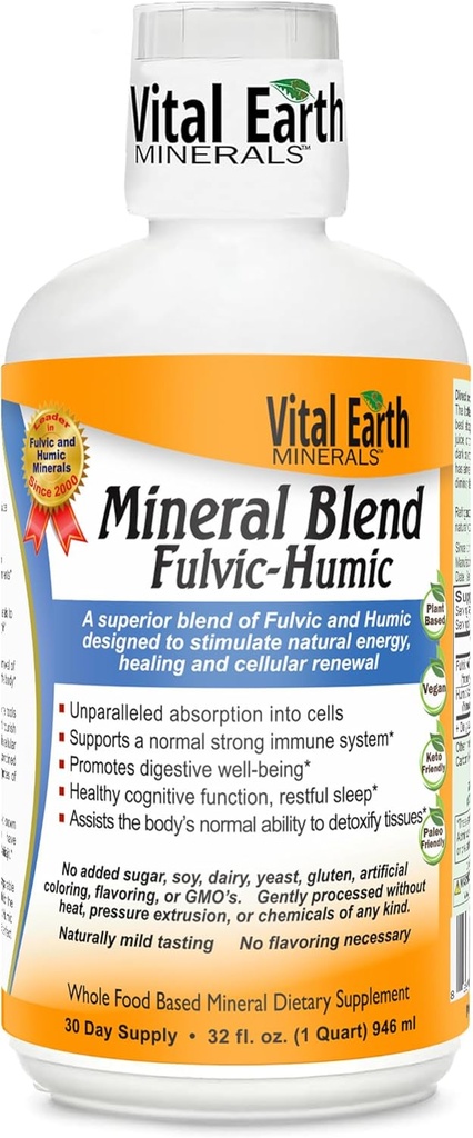 Vital Earth Minerals Fulvic Humic Mineral Blend Liquid - 70 + Trace Minerals, Electrolytes for Recovery, Balance & Energy, 32 Oz + 1 Oz Cup과 Fulvic Acid 보충