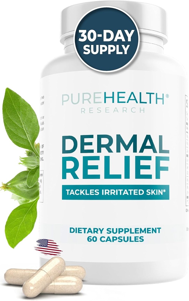 PUREHEALTH RESEARCH Dermal Relief 보조 식품 - L-Histidine, Ashwagandha 뿌리 추출물, Rhodiola Crenulata, 비타민 D 및 E - 1 병 - 60 캡슐을 가진 과민한 피부, Eczema 및 Dermatitis를 위해 -