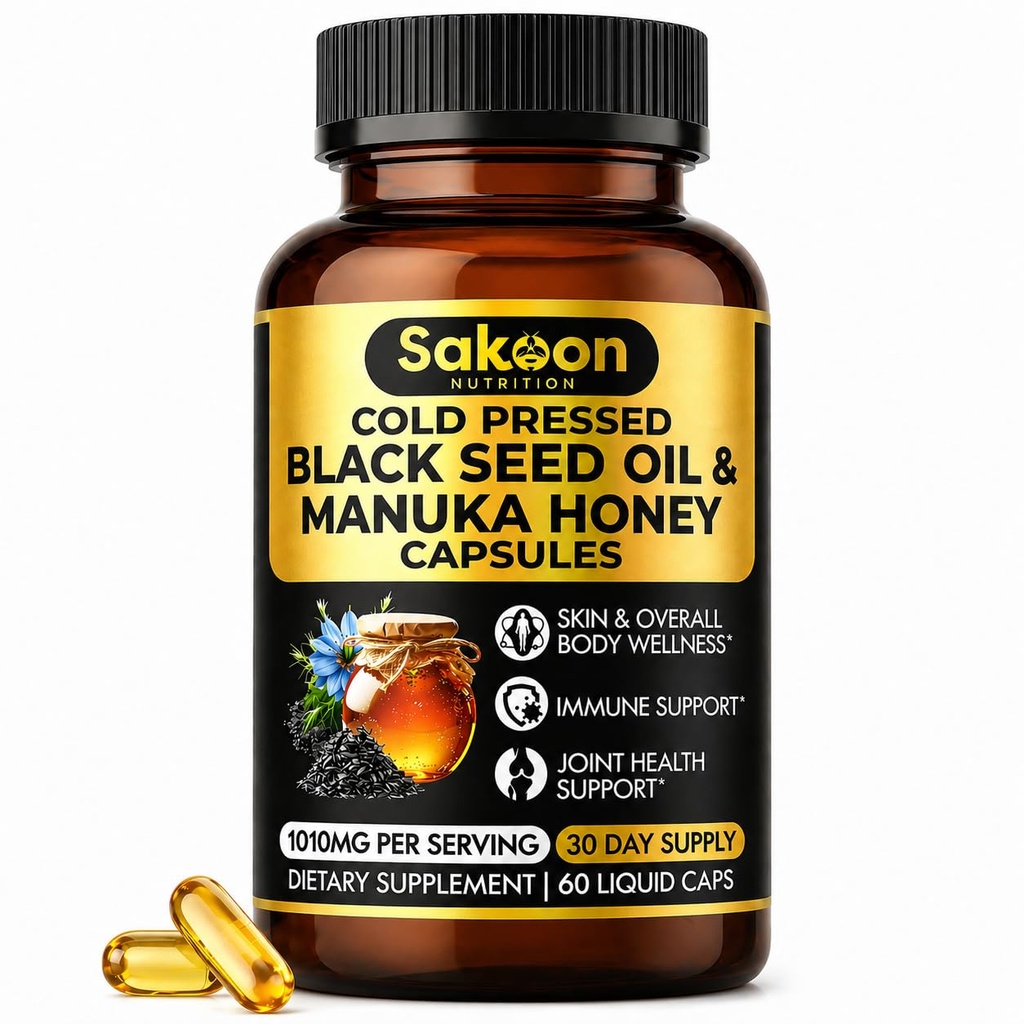 까만씨 기름 캡슐 - 뉴질랜드 Manuka 꿀과 더불어, 찬 눌러진 터키 Nigella Sativa 기름, 2% Thymoquinone, Immune & 소화 지원, 미국에서 만드는, 60 조사, 봉사 당 1010mg