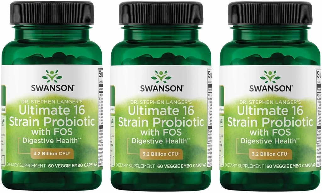 Swanson Dr. Stephen Langer의 공식 - 자연적인 Probiotic w/Prebiotic FOS - 캡슐 당 Digestive 지원 w/3.2 Billion CFU를 승진시키는 16 긴장 보충교재 - (60의 Veggie 캡슐) 3 팩