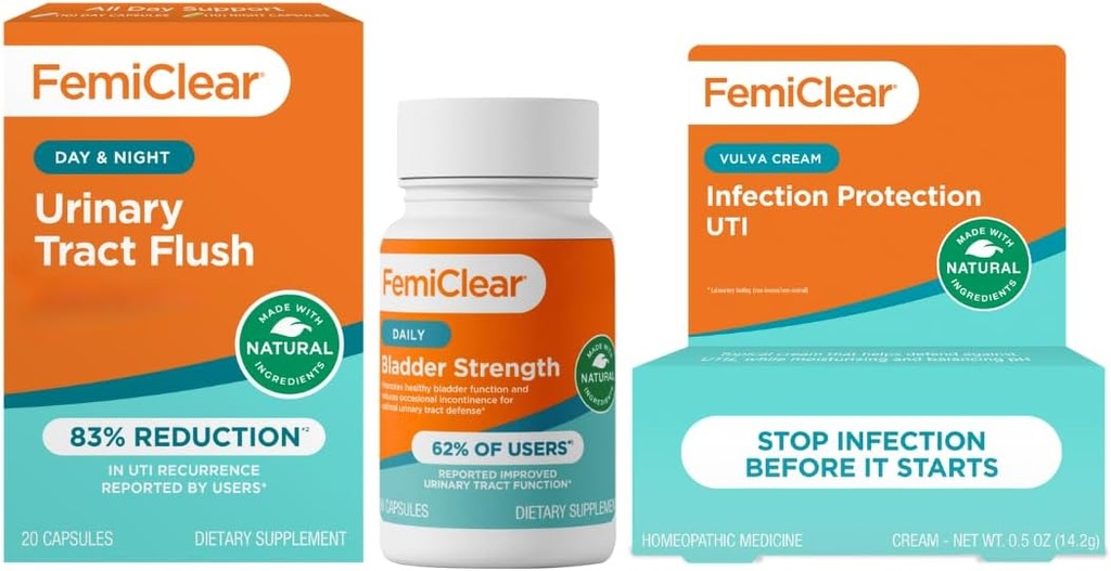FemiClear - Day & Night Urinary Support - 방광 강도 보충 - 감염 보호 Vulva 크림, 미국에서 제조 된 Urinary Tract 감염에 대한 보호
