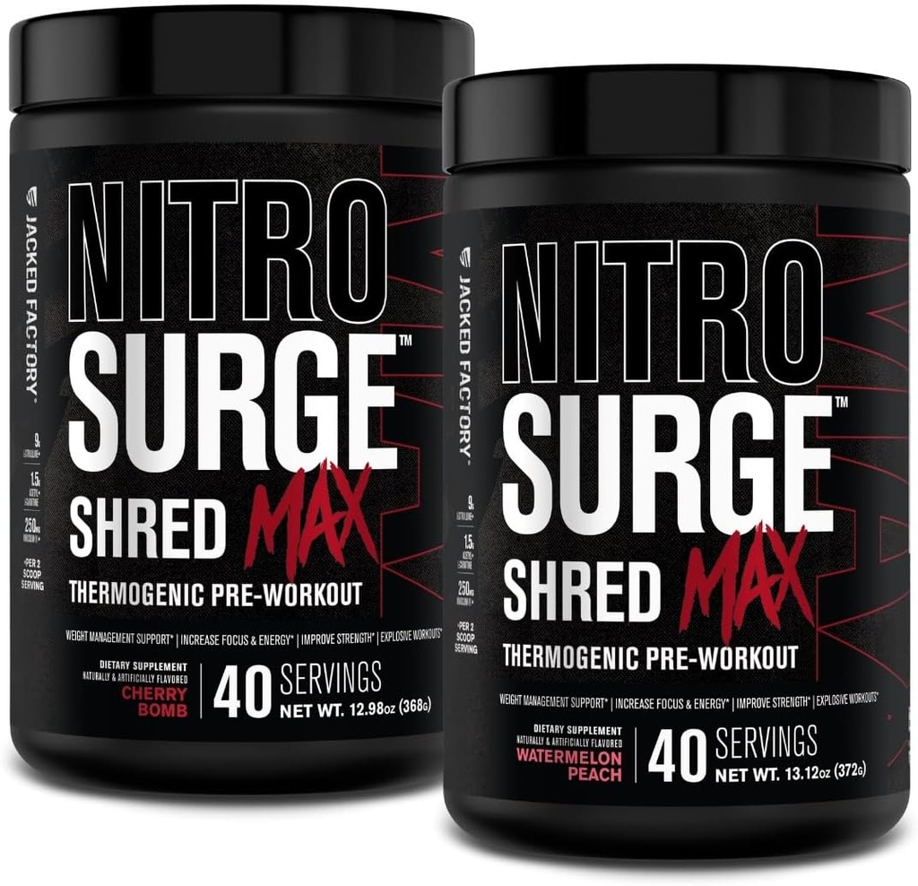 Jacked Factory Nitrosurge Shred Max Preworkout - L Citrulline, Acetyl L Carnitine, 유기 Caffeine - 80 서빙, 벚꽃 폭탄 및 수박 복숭아를 가진 고성능 Thermogenic Pre 운동 분말