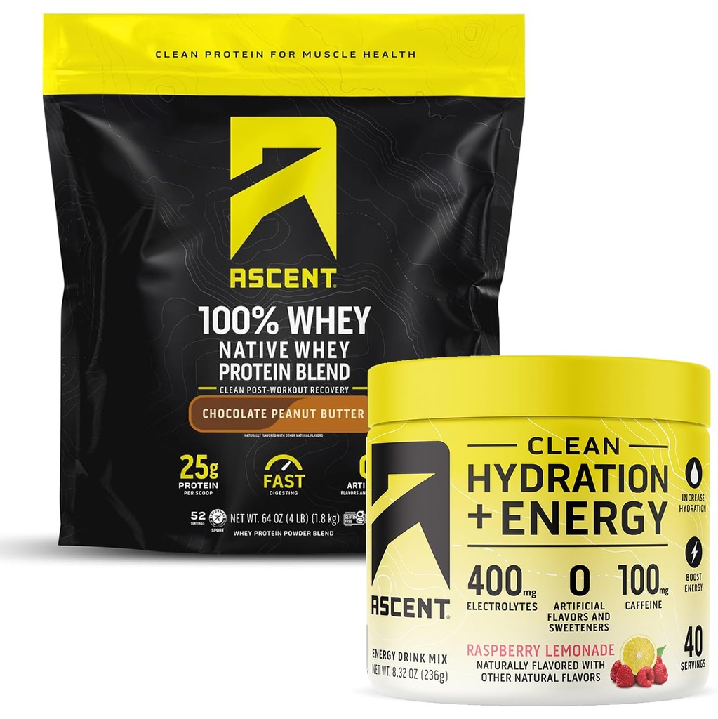 Ascent 100 % Whey Protein Powder, 초콜릿 땅콩 버터 4 lb & Hydration + Energy Electrolytes, 라즈베리 Lemonade 40 서빙