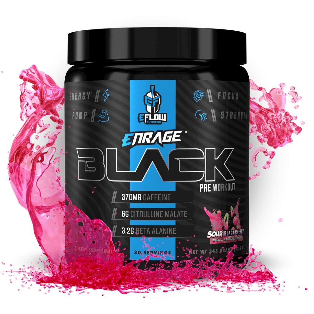 eFlow Nutrition Enrage Black High Stimulant Pre Workout Supplement - 에너지, 펌프 및 강도에 대한 Preworkout Powder - 4 가지 맛 (30 인분) (Sour Black Cherry)