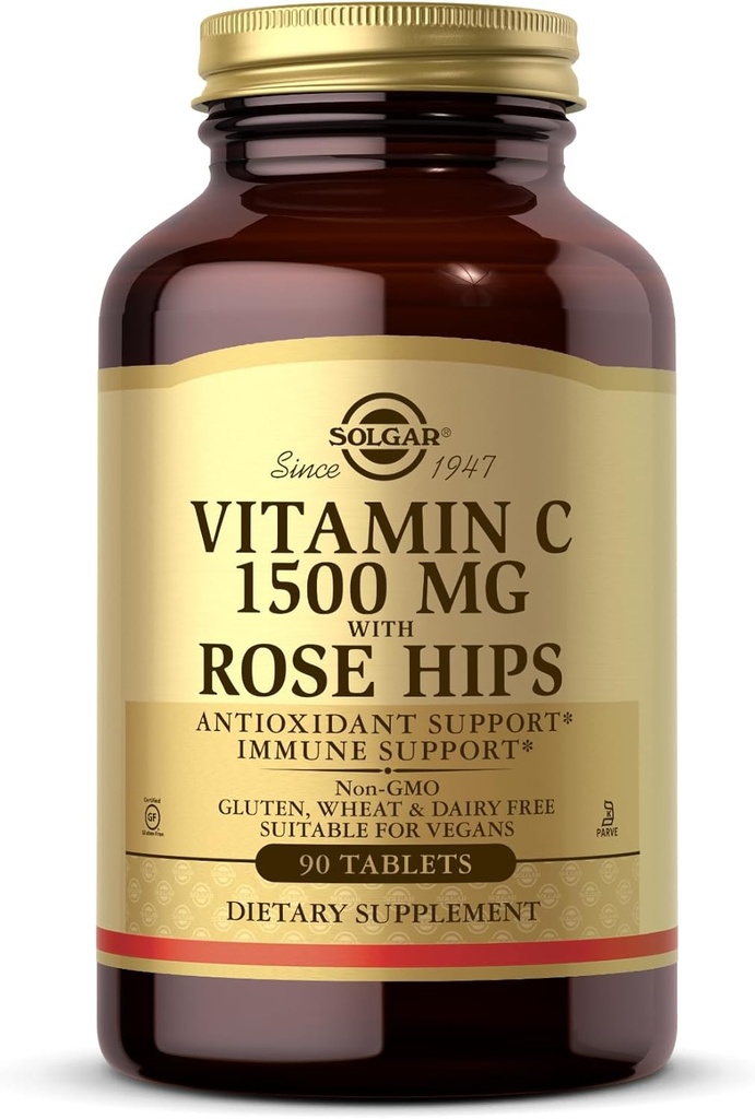 Solgar Vitamin C 1500 mg with Rose HIPS, 90 정제 - 산화 및 면역 지원 - 전반적인 건강 - 건강한 피부 및 관절 지원 - 비 GMO, Vegan, 글루텐 무료, 낙농장 무료, 고약 - 90 서빙