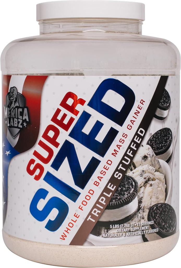 'Merica Labz Super Sized Whole Food Protein의 46g에 기반한 대량 Gainer는 Digestive Enyzmes for Easy Digestion, 5 파운드 (Triple Stuffed)를 포함합니다.
