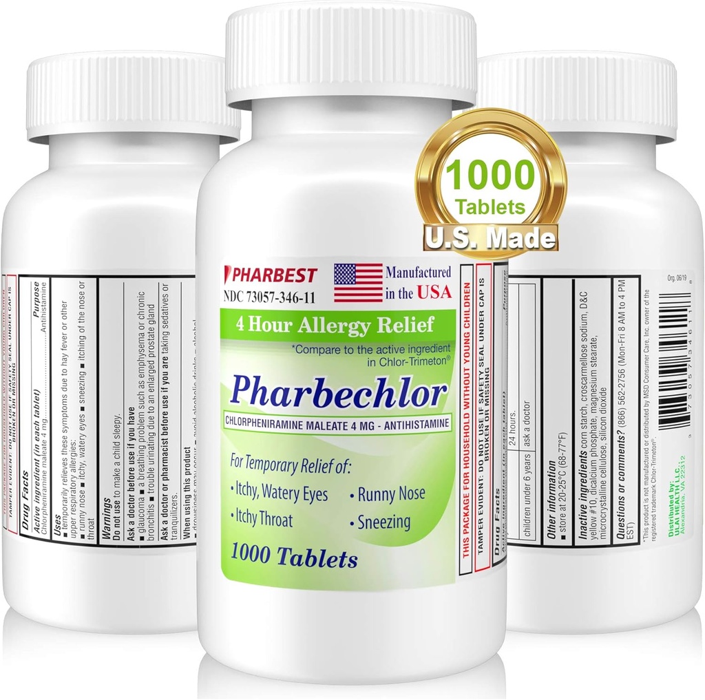 Ulai 4 시간 알레르기 완화 1000 Ct [미국] | Itchy, Watery Eyes, Runny Nose, Sneezing, Sinus Relief | Chlorpheniramine Maleate 4 mg | 항히스타민 알레르기 약 Pharbechlor (1 병)