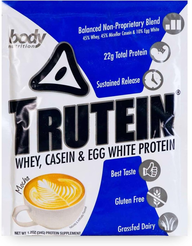 몸 영양 Trutein 높은 단백질 분말: 45% Whey, 45% Casein, 10% 계란 백색, 글루텐 자유로운, 낮은 나트륨, 잔디 페더럴 익스프레스 Whey 단백질 분말, 체육관 보충교재 & 아침 Shake, Mocha, 34g 표본