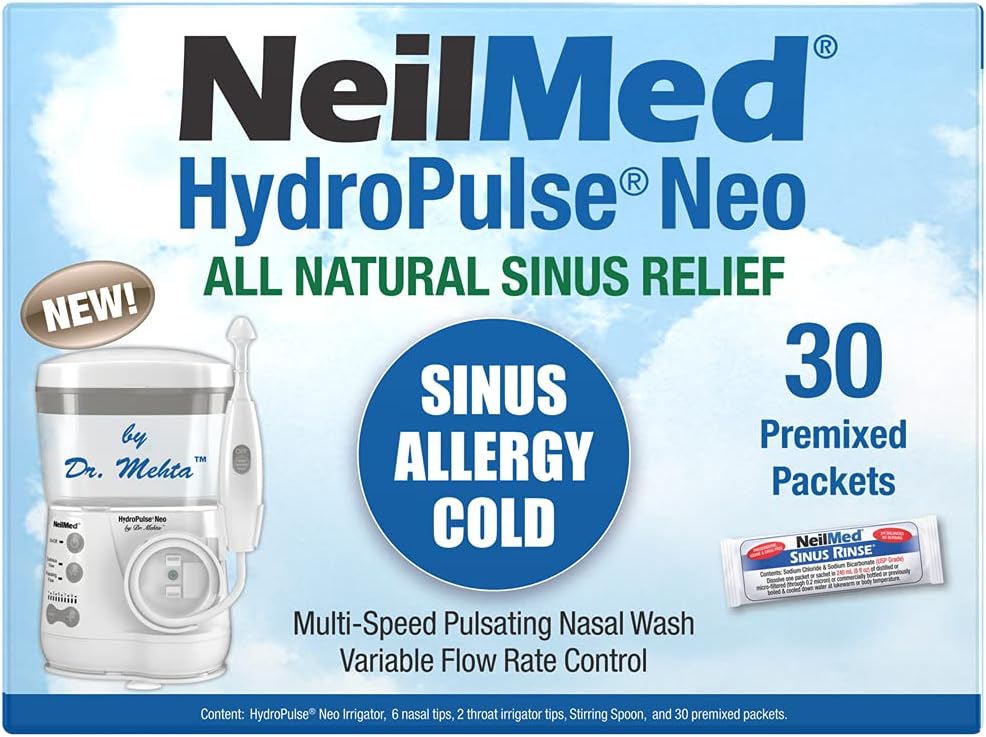 NeilMed HydroPulse Neo. 30 Sinus Rinse Premixed Packets를 가진 다 속도 전기 Pulsating Nasal Sinus Irrigation 체계.