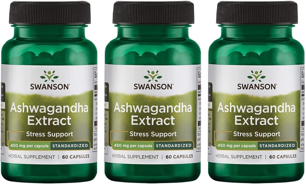 Swanson Ashwagandha Extract-Natural Supplement는 건강한 스트레스 응답, 에너지 지원 및 자연 웰니스 (60 캡슐, 450mg 각각) (3 팩)에 대한 신경 시스템 건강 보조 보충을 촉진합니다.