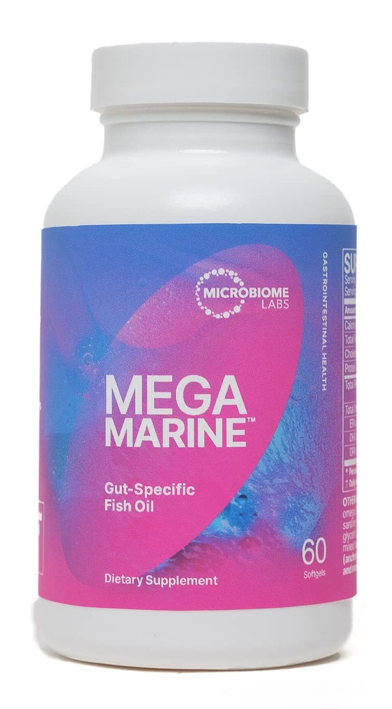 Microbiome Labs MegaMarine Omega 3 Fish Oil Supplements - Gut-Specific EPA DHA 오메가 3 보충 - Immune 및 Gut 장벽 기능 지원 (60 Softgels)