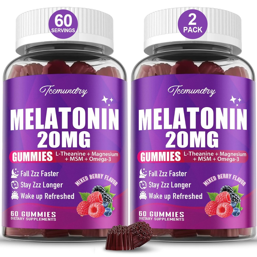 성인을 위한 Melatonin Gummies 20mg - L-Theanine, 마그네슘, Omega-3, MSM, D3 & 아연을 가진 최대 힘 Melatonin Gummies - 비 Habit 형성, Vegan, 비 GMO, 자연적인 혼합 Berry 풍미