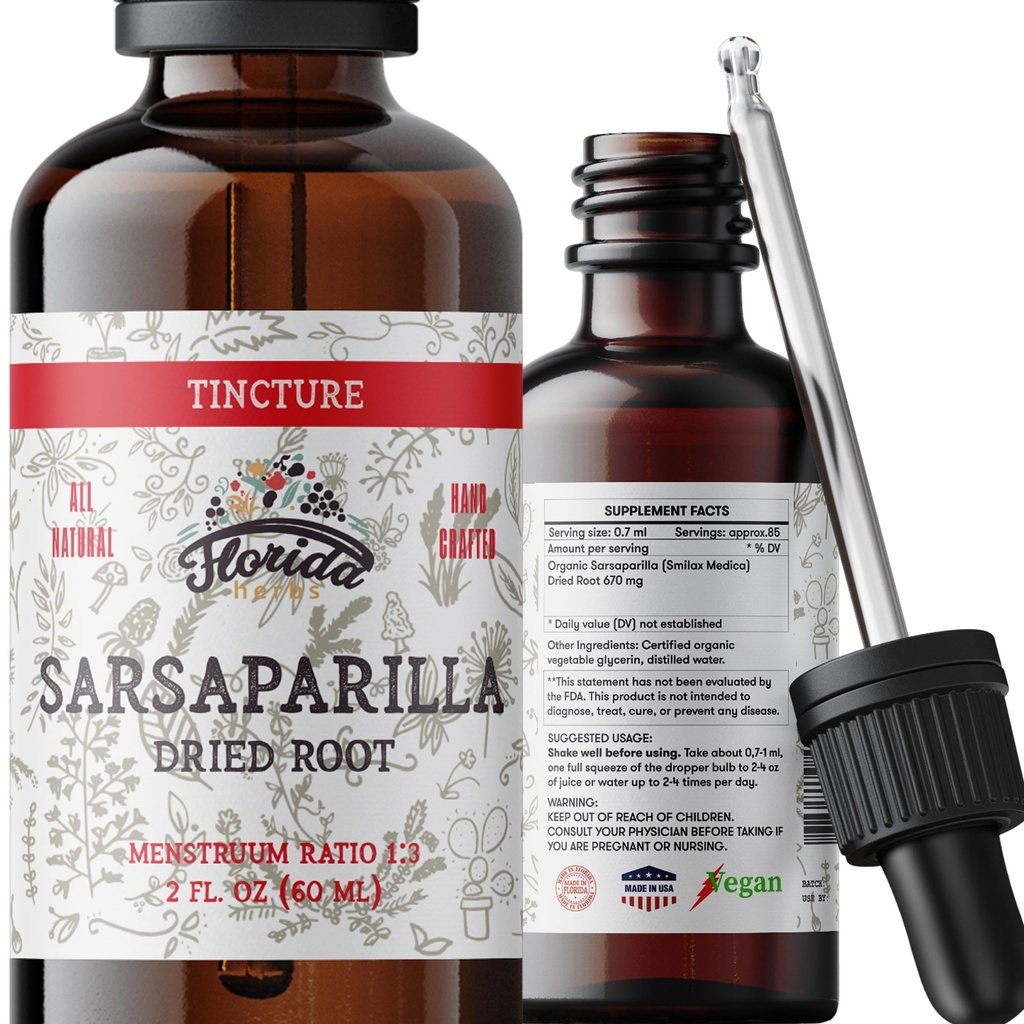Sarsaparilla Tincture, 유기 Sarsaparilla 추출 (Smilax Medica) 건조 뿌리, 냉 압력 유기 야채 글리세린 2 온스, 670 mg의 비 GMO