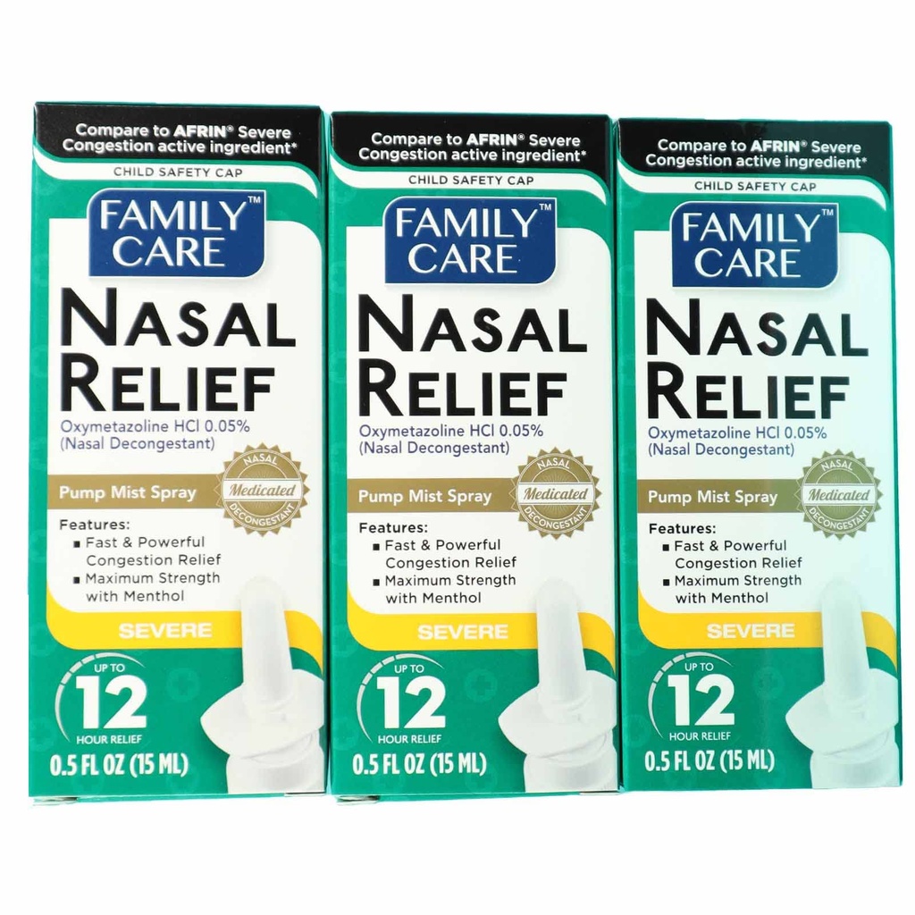 FamilyCare Nasal 안전 스프레이, 펌프 미스트, 안티 드립, 심한 혼잡, (Oxymetazoline HCI) 12 시간, 3 팩