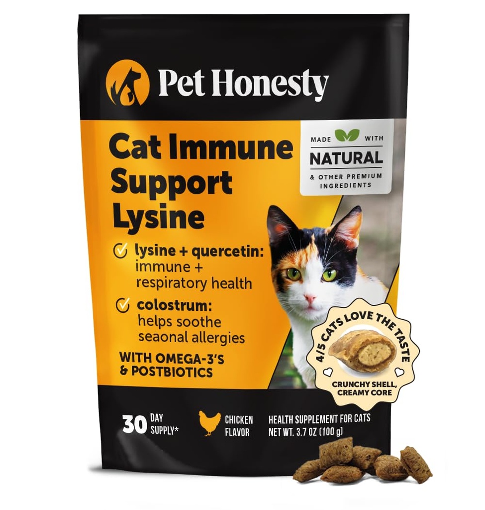 Cat Immune Support Lysine – L-Lysine, Colostrum, Quercetin & Omega-3 – Soothes Sneezing, Runny Nose & Itchy Skin Chicken, (30 일 공급)를 가진 고양이를 위한 알레르기 완화 & 면역 건강 보충교재