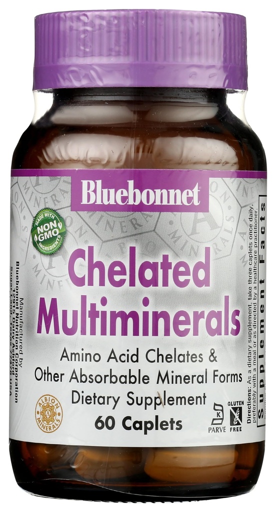 Bluebonnet Nutrition High Potency Chelated Multiminerals, Albion Chelated Minerals, Soy-Free, Gluten-Free, Non-GMO, Kosher Certified, Dairy-Free, 60 Caplets, 20 서빙
