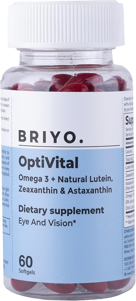 Lutein, Zeaxanthin, Astaxanthin 및 Omega 3과 함께 Briyo Optivital Eye Health Supplement - Visual Clarity, Screen Fatigue Relief 및 Long Term Retinal Health를 지원합니다. 1 일, 60 Softgels