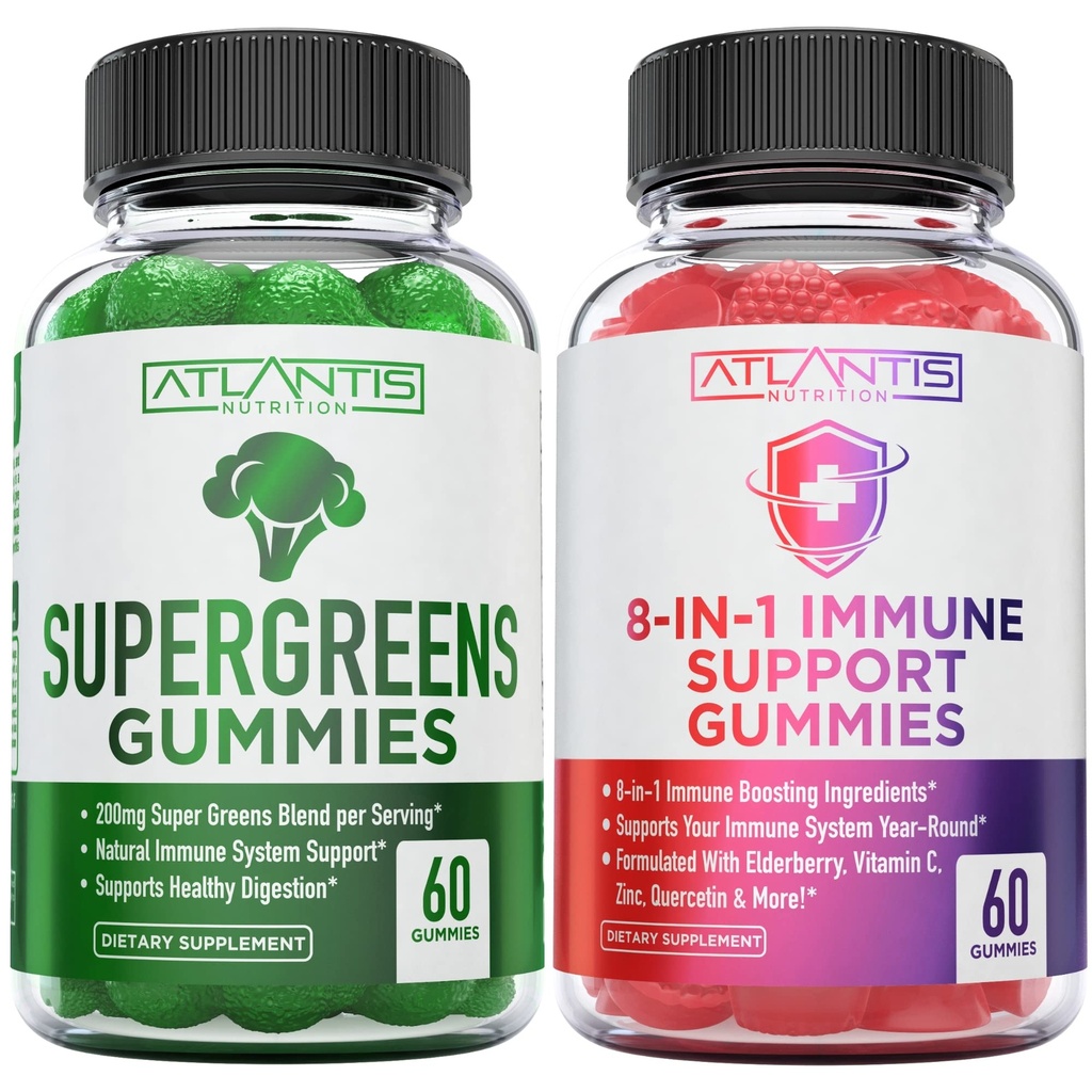Atlantis Nutrition 60 Supergreens Gummies + 8-in-1 면역 지원 60 Gummies
