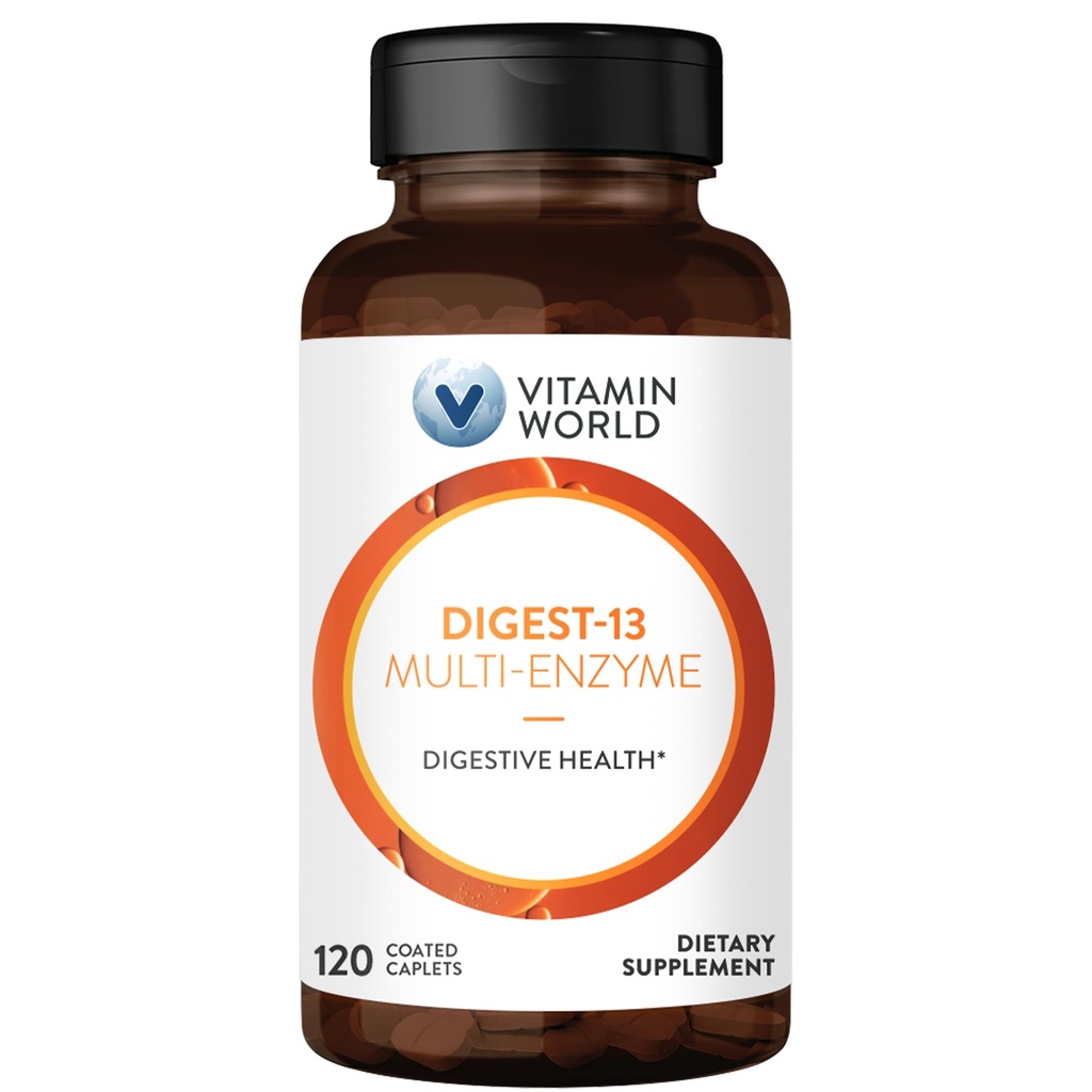 비타민 World Digest-13 Multi-Enzyme, 1010mg Digestive Enzymes Blend with Amylase, Bromelain, Digestion 및 흡수를위한 Papain & Lipase, Bloating & Gas, 120 Caplets