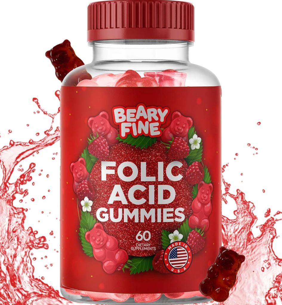 Folic 산 Gummies 400mcg - 여성, 엄마 및 아기를위한 필수 임신 및 임신 Gummy - 60 라즈베리 맛 Folate 거미 비타민 - 미국에서 만든