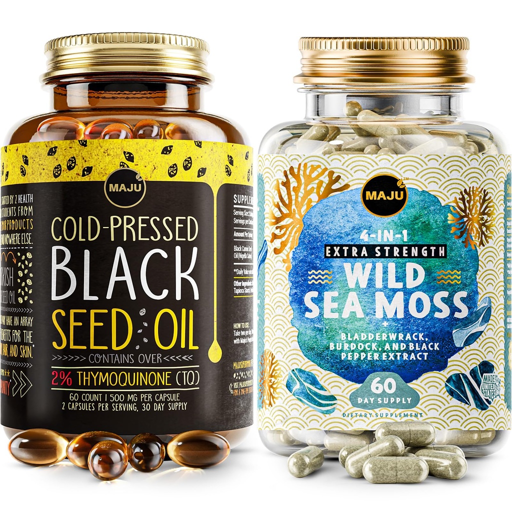 Maju Superfoods 4-in-1 바다 Moss 캡슐과 검은 씨앗 오일 캡슐 번들