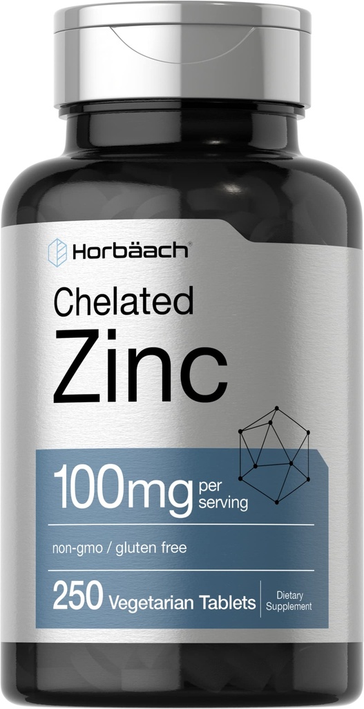 Horbäach Chelated 아연 보충 100mg | 250 정제 | 높은 효능 및 우수한 흡수 | 채식주의, 비 GMO, 글루텐 무료