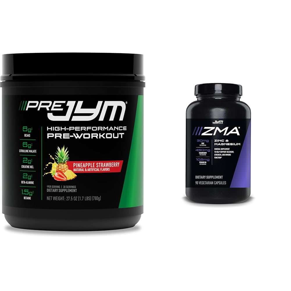 PRE JYM 30 서빙 파인애플 딸기 & JYM ZMA 아연/Magnesium 캡슐 보충 90 채식 캡슐