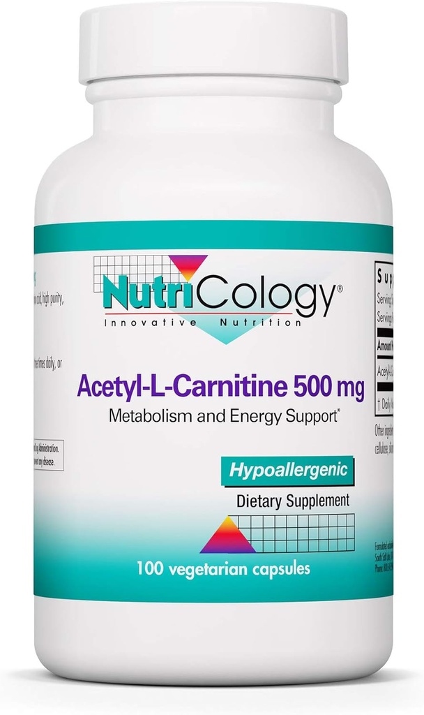Nutricology Acetyl-L-Carnitine 500mg 보충교재 - 대사와 에너지 지원, ALC, 자유로운 모양 아미노산, 채식 캡슐 - 100개 조사