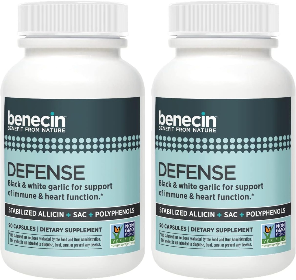 Benecin Defense 1500 mcg 캡슐 당 안정화 된 Allicin | 흑 마늘에서 SAC 및 폴리 페놀의 높은 수량 | 면역 및 심장 기능 채식 모자의 강력한 지원 (1 개 팩 180)