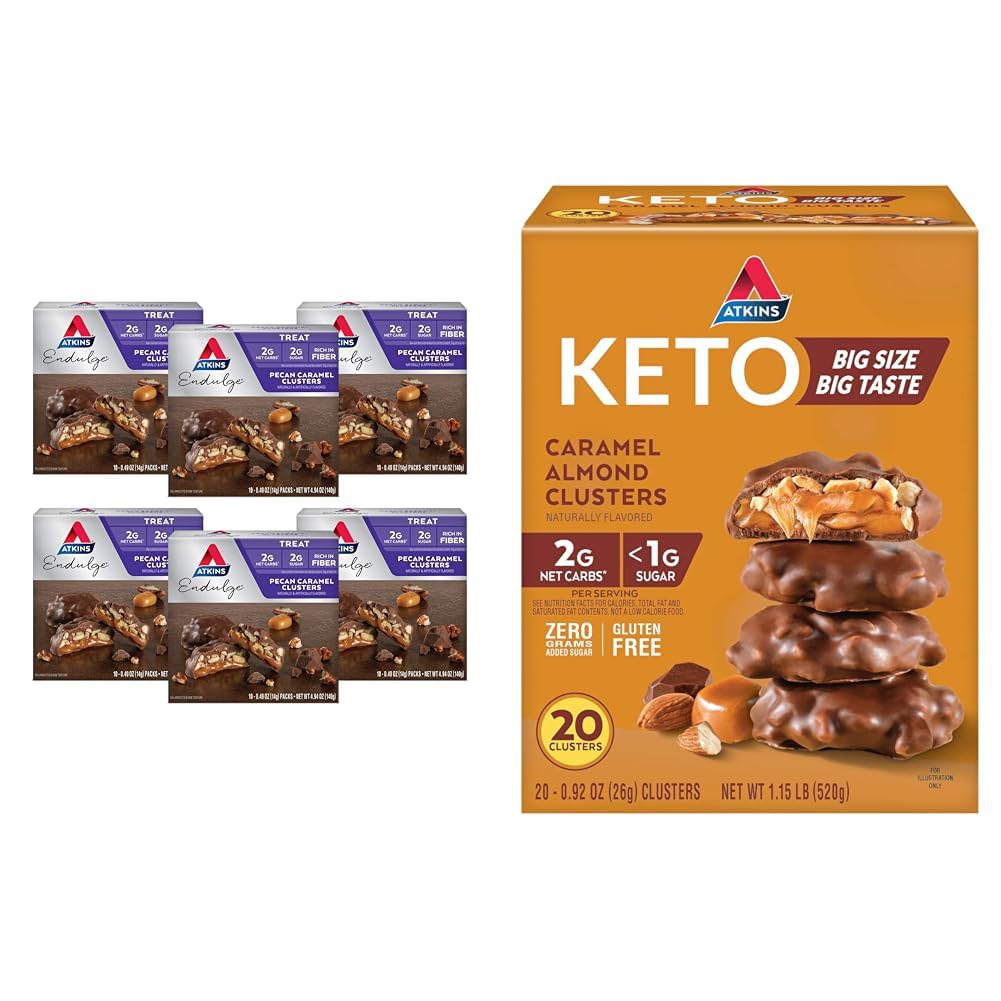 Atkins Pecan Caramel & Caramel Almond Clusters, 60 & 20 조사, 높은 섬유, 낮은 설탕, 낮은 Carb