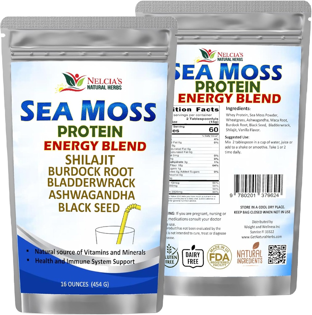 NELCIA의 NATURAL HERBS 바다 Moss Ashwagandha 단백질 분말 - 자연 아일랜드어 바다 Moss, Bladderwrack 및 Burdock 뿌리, 검은 씨앗과 Shilajit 분말 (16oz)