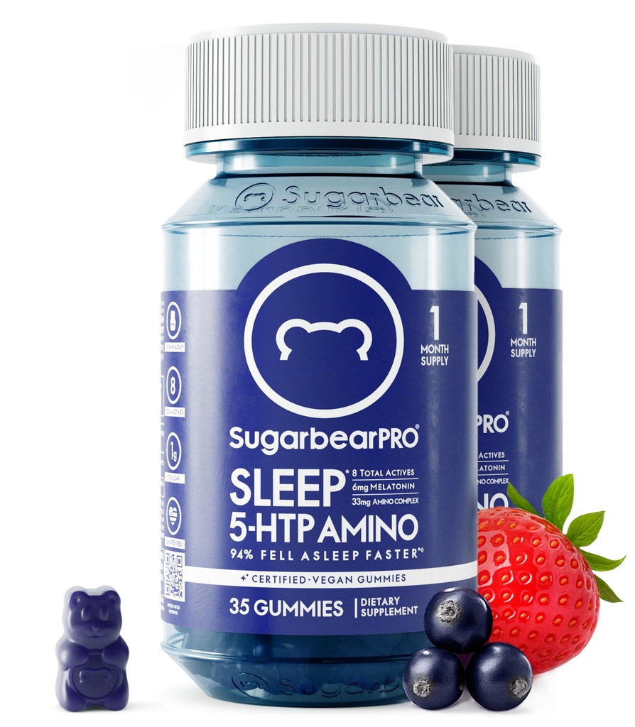 SugarBearPro Sleep Gummy 2 개월 공급, 추가 강도 Melatonin 6mg, 남성 및 여성, Vegan 비타민 B6, L-Theanine, 5 HTP, Valerian, 성인 및 청소년을위한 수면 보조, 공인 Kosher