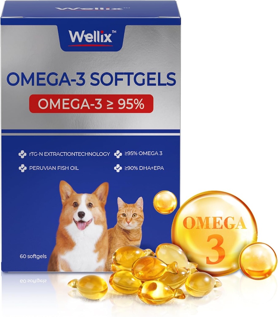 Wellix 순수한 오메가 3 개 & 고양이, 스킨 및 코트 보충, 심장, 피부, 코트, 관절, & 면역 건강, 95% 이상 오메가 3, EPA + DHA, 60 Softgels에 풍부한
