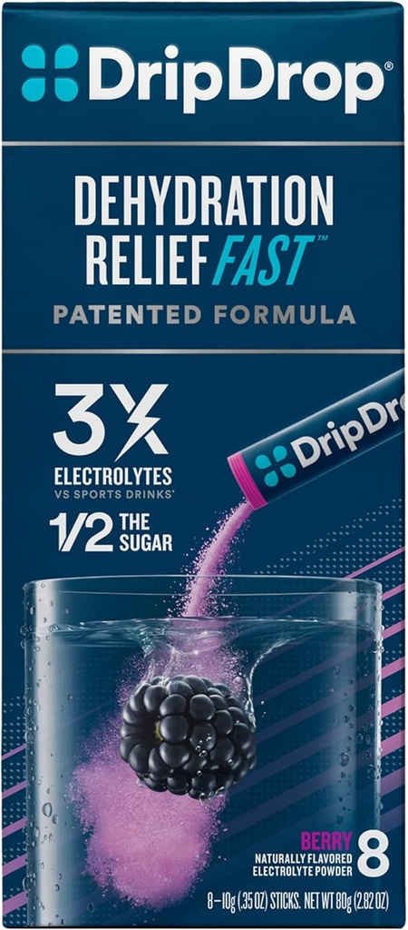 DripDrop ORS Electrolyte Hydration 분말 지팡이, 베리, 10g 지팡이, 8 조사