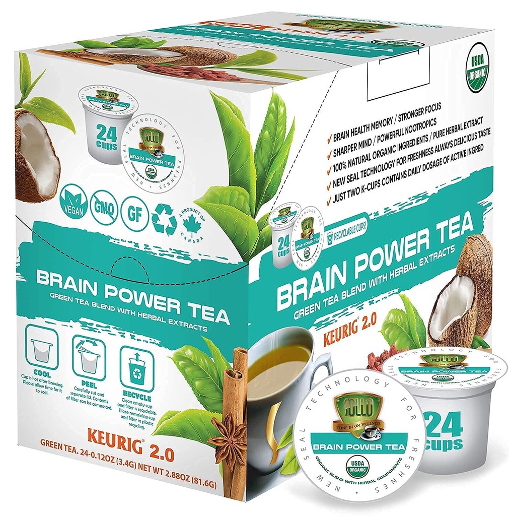 SOLLO 뇌 힘 MCT, Acai & 정유, Nootropic 뇌 승압기 - 2.0 K-Cup Keurig Brewers, 24 Ct와 호환되는 기억 & 초점 향상