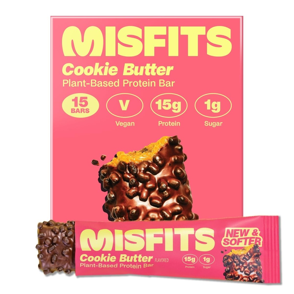 Misfits Vegan Protein Bar, 쿠키 버터 - 업데이트 된 레시피 | 공장 기반, 낮은 설탕 및 캐비넷, 높은 섬유 스낵 | 15 팩
