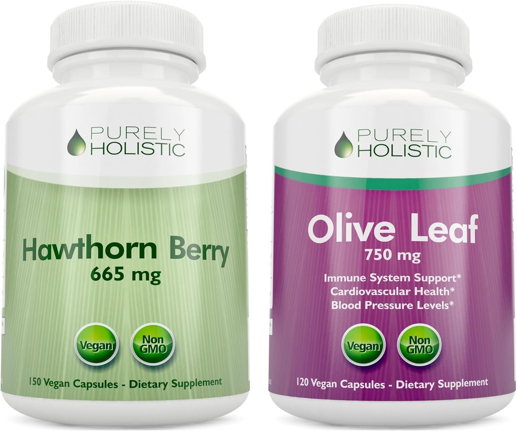 Purely Holistic Hawthorn Berry 665mg + 올리브 리프 추출물 750mg 번들 + 270 Vegan 캡슐 - 미국에서 만든