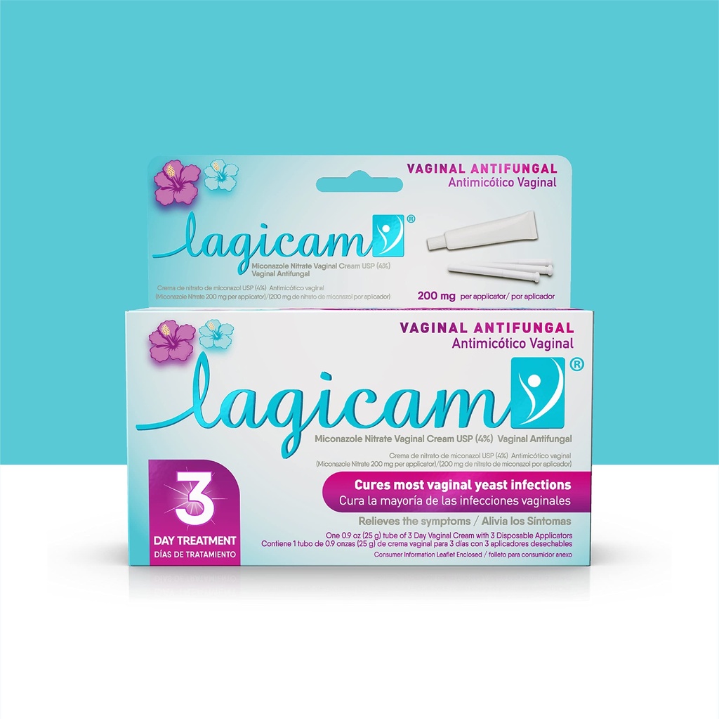 Lagicam 3 Day Vaginal Yeast Infection treatment for Women, 1 일, Miconazole Nitrate에서 일하는 시작, 항진균성 크림은 가려움증과 자극, 3개의 처분할 수 있는 Applicators & 크림 (1 팩)를 구호합니다