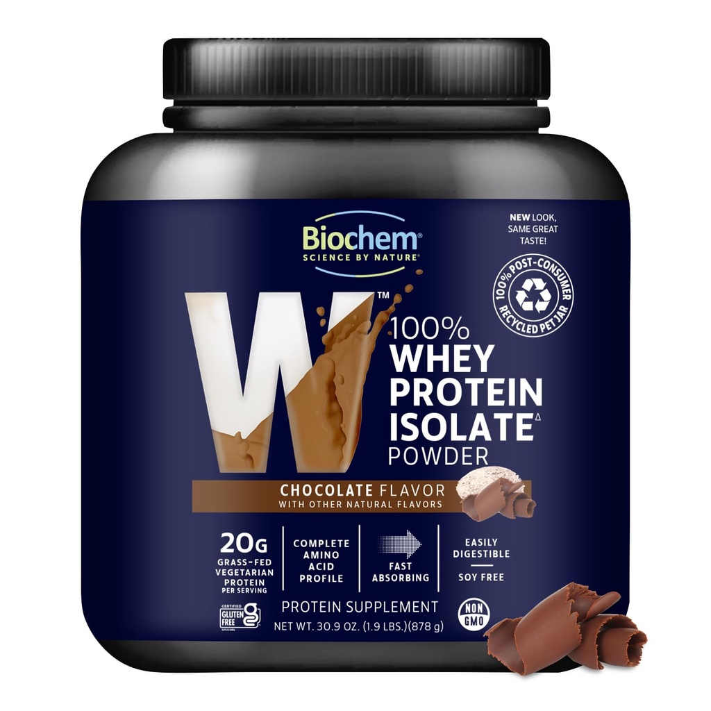 Biochem 100 % Whey Isolate Protein Powder, 초콜릿 맛, 20g Grass-Fed Protein, Keto Friendly, Gluten Free, 채식, 쉽게 소화 가능, 30.9 oz, 28 서빙