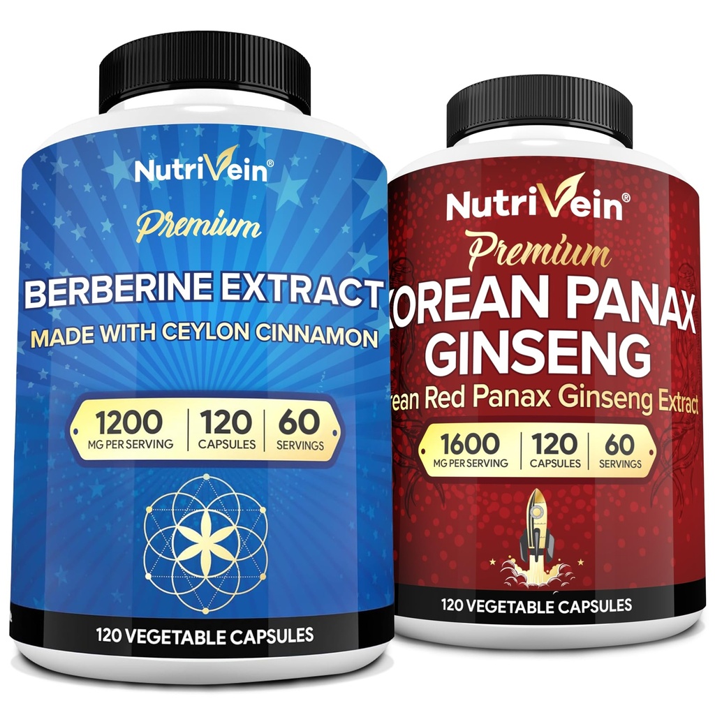 Nutrivein Premium Korean Panax Ginseng 보충교재 & Berberine 보충교재 뭉치: 매일 Clarity, Vitality, & Wellness를 위한 높은 흡수 Berberine Complex & 진짜 빨간 Ginseng 뭉치