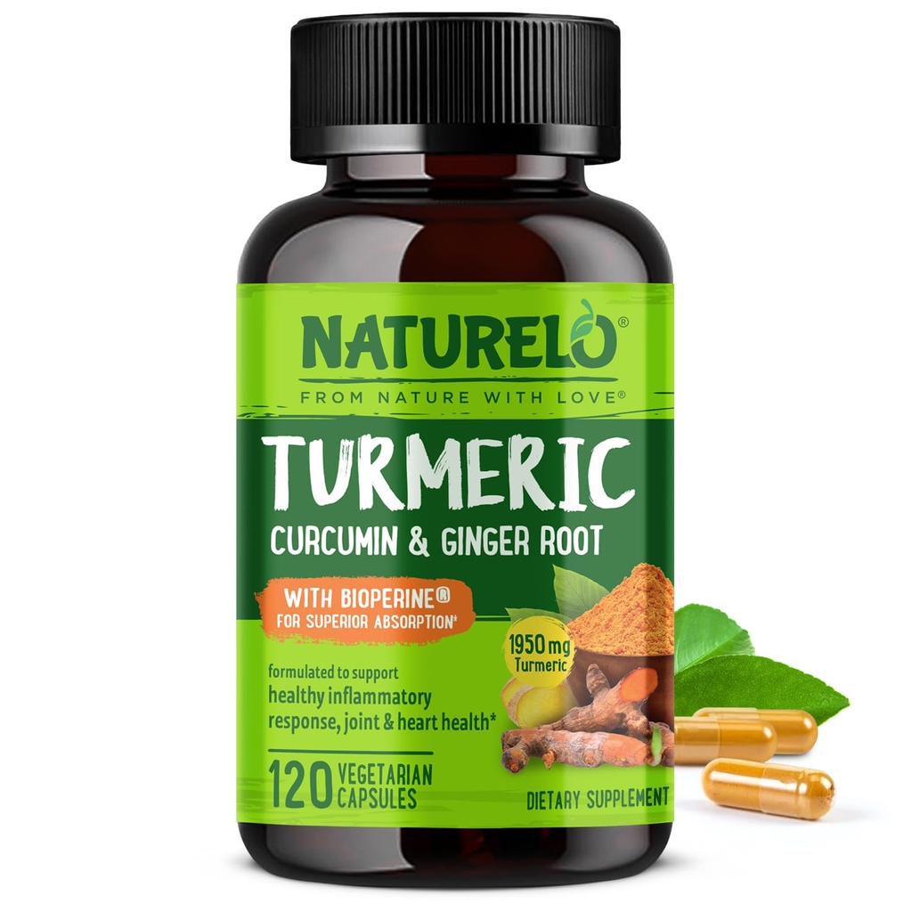 NATURELO Turmeric Curcumin - 더 나은 흡수를위한 BioPerine - Black Pepper, Ginger Root, Curcuminoids - 식물 기반 관절 불편 지원 - 120 Vegan 캡슐