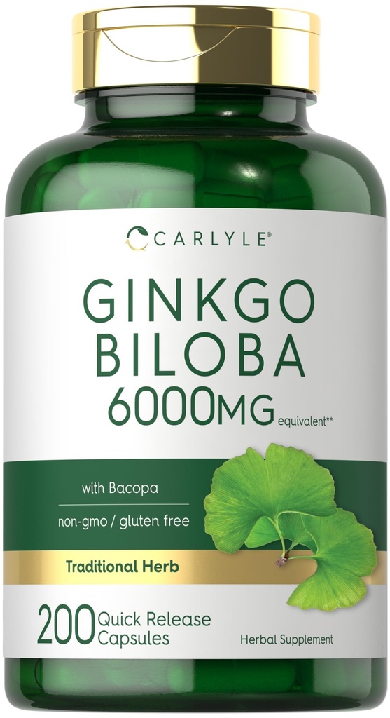 Carlyle Ginkgo Biloba 알약 | 6000mg | 200 캡슐 | Bacoba Extract | 추가 강도, 비 GMO 및 글루텐 무료 초본 보충